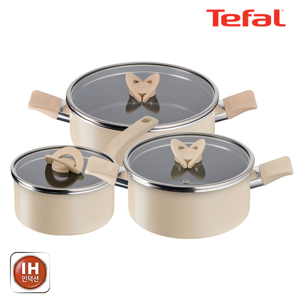 테팔 팬&냄비 인덕션 블라썸 베이지 3종세트 (편수냄비 18cm + 양수냄비 20cm + 전골냄비 24cm)