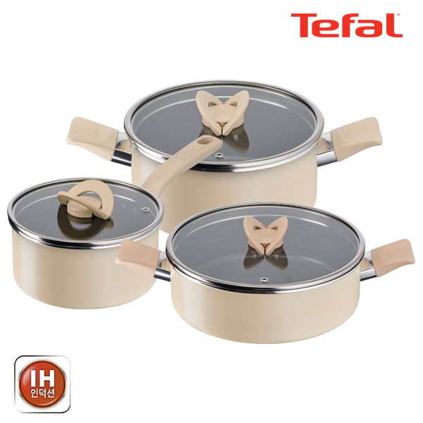 테팔 팬&냄비 인덕션 블라썸 베이지 3종세트 (편수냄비 18cm + 양수냄비 24cm + 전골냄비 24cm)