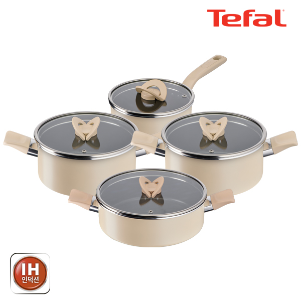 테팔 팬&냄비 인덕션 블라썸 베이지 4종세트 (편수냄비 18cm + 양수냄비 20cm + 24cm + 전골냄비 24cm)