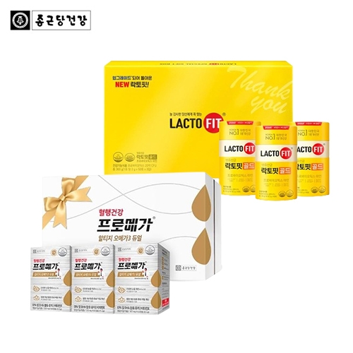 [종근당건강] NEW락토핏 골드 선물세트(리뉴얼)(3EA) + 프로메가 알티지 오메가3 듀얼 선물세트(60캡슐*3EA)