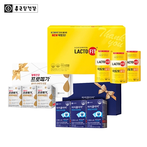 [종근당건강] NEW락토핏 골드 선물세트(리뉴얼)(3EA) +아이클리어 루테인 지아잔틴 선물세트(30캡슐*3EA) + 프로메가 알티지 오메가3 듀얼 선물세트(60캡슐*3EA)