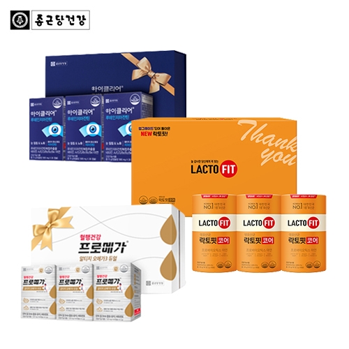 [종근당건강] NEW락토핏 코어 선물세트(리뉴얼)(3EA) +아이클리어 루테인 지아잔틴 선물세트(30캡슐*3EA) + 프로메가 알티지 오메가3 듀얼 선물세트(60캡슐*3EA)